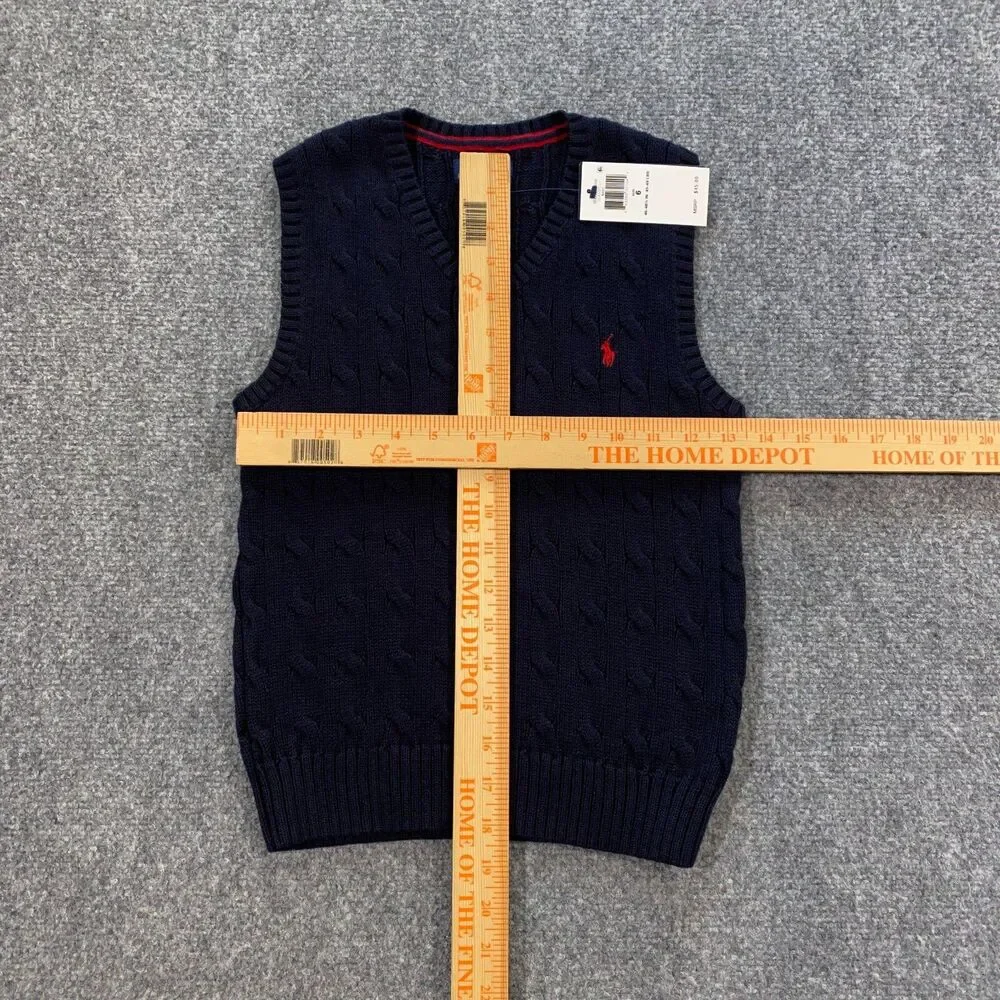 Polo Ralph Lauren Cable Knit V-Neck Sweater Vest Youth Boys 6 Navy Blue Red Pony - Picture 8 of 14